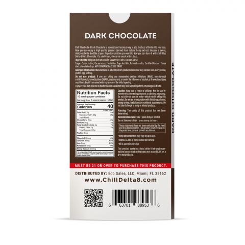 Chill Plus Delta-8 THC Chocolate Bar - Dark Chocolate 500MG Best Price