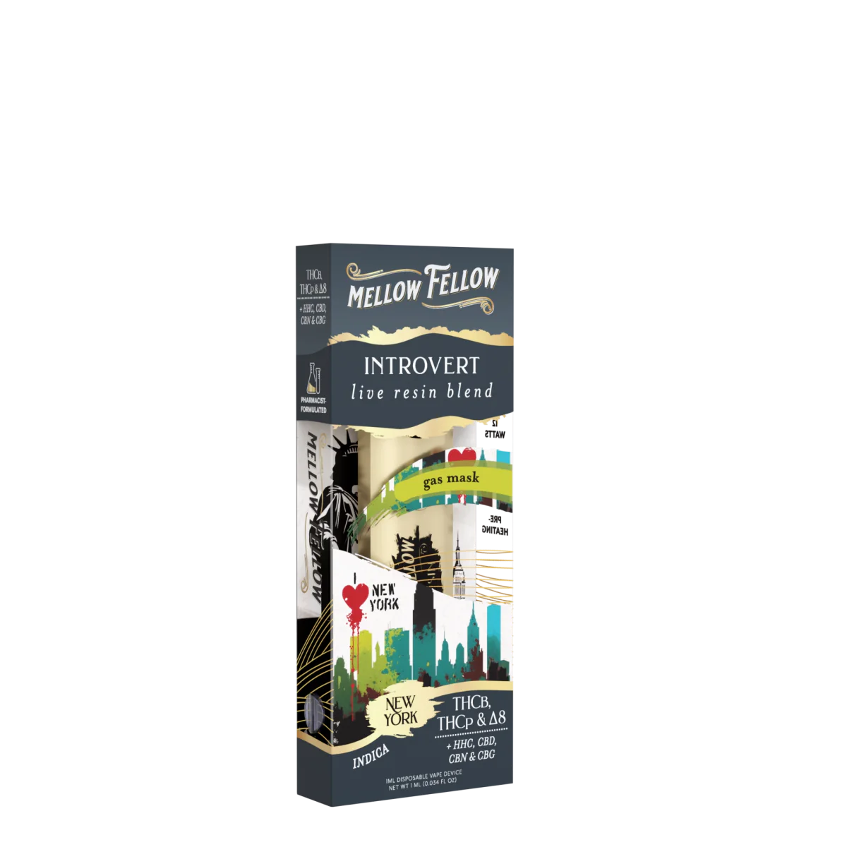 Mellow Fellow Introvert Blend - Destination: NYC - Live Resin 1ml Disposable Vape - Gas Mask (Indica)