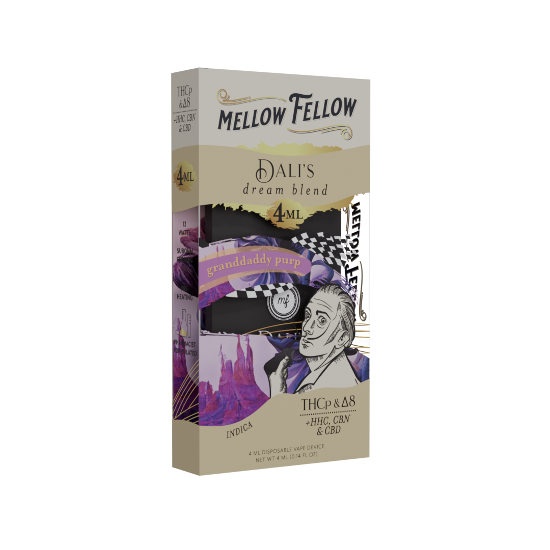 Mellow Fellow Dali's Dream Blend - 4ML Disposable Vape - Granddaddy Purp - D8, HHC, CBN, CBD, THCp Best Price