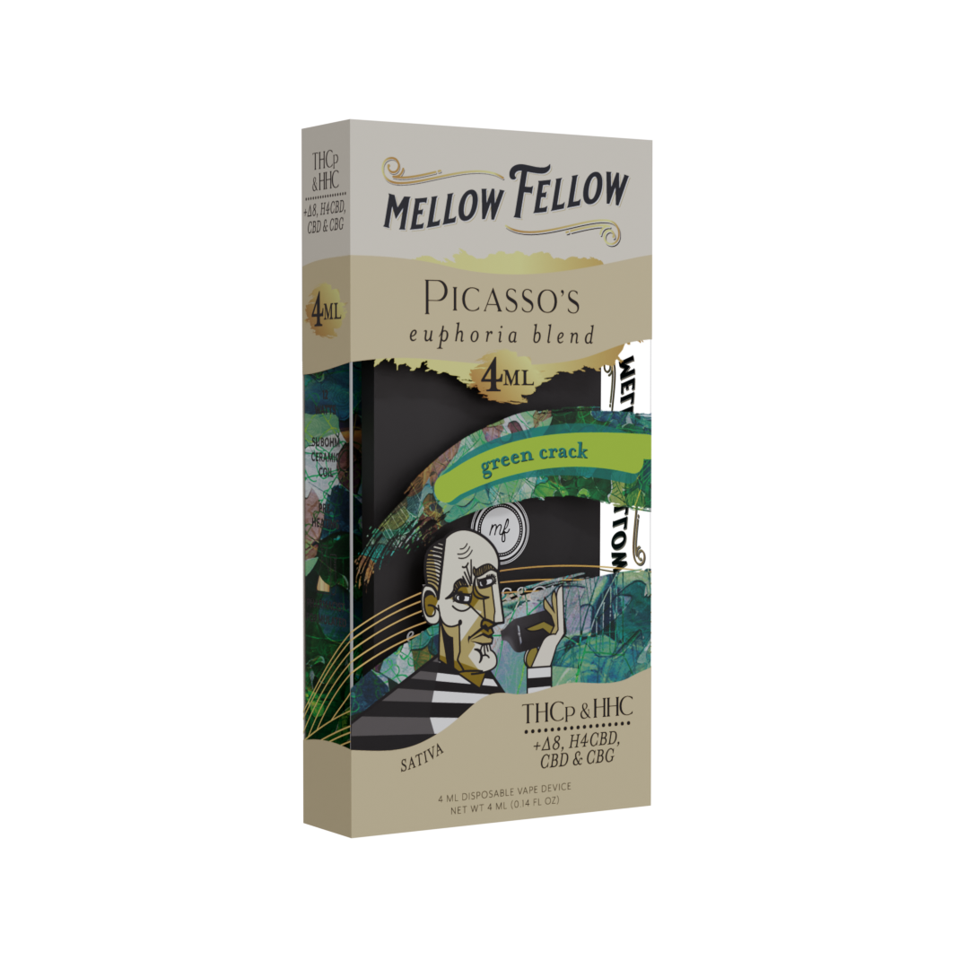 Mellow Fellow Picasso's Euphoria Blend - 4ML Disposable Vape - Green Crack - HHC, D8, PHC, CBD, CBG, THCp Best Price