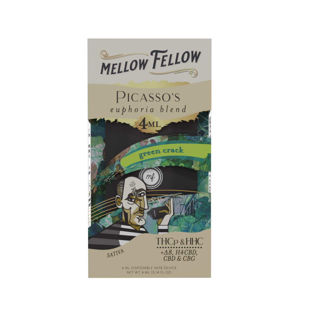 Mellow Fellow Picasso's Euphoria Blend - 4ML Disposable Vape - Green Crack - HHC, D8, PHC, CBD, CBG, THCp Best Price